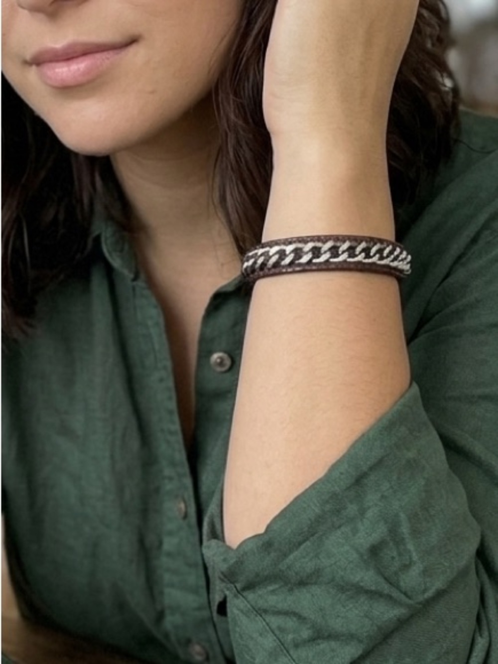 Silver Chain Black Leather Bracelet Rock Rebel Festival